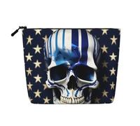 KAABNNT Blue Stripe Stars Skull Print Single Layer Linen-Like Makeup Bag Stylish and Practical Fake Hemp Makeup Bag