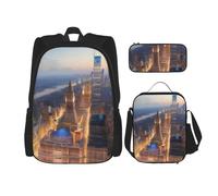 KAABNNT City Picture Night Print 3-in-1 Waterproof Oxford Backpack Set | Lunch Box | Pencil Case | Work | Outdoor