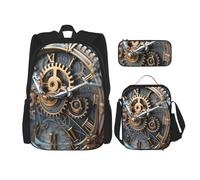 KAABNNT Clock Gear Print 3-in-1 Waterproof Oxford Backpack Set | Lunch Box | Pencil Case | Work | Outdoor