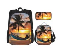 KAABNNT Coconut Beach Sunset Hammock Print 3-in-1 Waterproof Oxford Backpack Set | Lunch Box | Pencil Case | Work | Outdoor