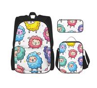 KAABNNT Cute Colorful Sheep Cartoon Patterns Print 3-in-1 Waterproof Oxford Backpack Set | Lunch Box | Pencil Case | Work | Outdoor