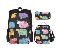 KAABNNT Cute Colorful Sheep Cartoon Patterns Print 3-in-1 Waterproof Oxford Backpack Set | Lunch Box | Pencil Case | Work | Outdoor