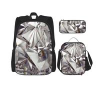 KAABNNT Glitter Abstract Diamond Crystal Patterns Print 3-in-1 Waterproof Oxford Backpack Set | Lunch Box | Pencil Case | Work | Outdoor