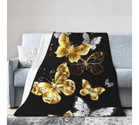 KAABNNT Gold White Butterflies Black Print Ultra-Soft Micro Fleece Blanket - Anti-Pilling, Air Conditioning Blanket for Bed,Sofa,Camping,Travel
