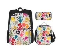 KAABNNT Hand Print Print 3-in-1 Waterproof Oxford Backpack Set | Lunch Box | Pencil Case | Work | Outdoor