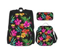 KAABNNT Hawaiian Flower Print 3-in-1 Waterproof Oxford Backpack Set | Lunch Box | Pencil Case | Work | Outdoor
