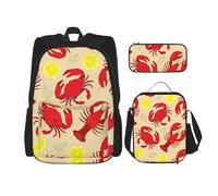 KAABNNT Lobster and Crab Print 3-in-1 Waterproof Oxford Backpack Set | Lunch Box | Pencil Case | Work | Outdoor