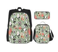 KAABNNT Lovely Cartoon Cats Print 3-in-1 Waterproof Oxford Backpack Set | Lunch Box | Pencil Case | Work | Outdoor