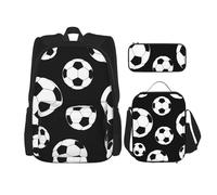 KAABNNT Soccer Black Print 3-in-1 Waterproof Oxford Backpack Set | Lunch Box | Pencil Case | Work | Outdoor