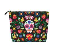 KAABNNT Sugar Horror Skull and Flowers Print Single Layer Linen-Like Makeup Bag Stylish and Practical Fake Hemp Makeup Bag