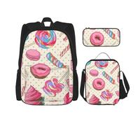 KAABNNT Sweet Lollipop Cupcake Print 3-in-1 Waterproof Oxford Backpack Set | Lunch Box | Pencil Case | Work | Outdoor