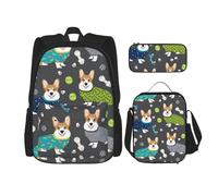 KAABNNT Wearing Clothes Corgi Dogs Print 3-in-1 Waterproof Oxford Backpack Set | Lunch Box | Pencil Case | Work | Outdoor