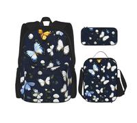 KAABNNT White Blooms with Blue Butterflies Print 3-in-1 Waterproof Oxford Backpack Set | Lunch Box | Pencil Case | Work | Outdoor