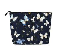 KAABNNT White Blooms with Blue Butterflies Print Single Layer Linen-Like Makeup Bag Stylish and Practical Fake Hemp Makeup Bag