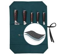 Kaaltisy Chef Knife Roll Bag, Heavy Duty 16oz Waxed Canvas Knife Storage Case, Knife Carrier Roll with Cut Resistant Fabric, 5 Slots Knife Bag with Tie Rope - Dark Green