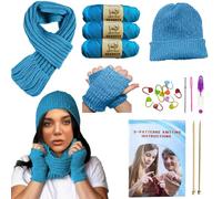 Kaaper Knitting Kit for Beginners Adults - All-in-One Hat, Scarf & Glove Set with Blue Wool Yarn, Bamboo Needles，Learn to Knit a Complete Winter Accessory Collection (Acid Blue)
