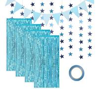 Kaari Light BlueTinsel Curtains Foil Fringe Metallic Tinsel Curtains Photo Backdrop Set, Flag Bunting Banner, Glitter Paper Star shape Garland for Birthday Wedding Bachelorette Party