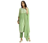 Kaari Women's Chikankari Kurta Set with Dupatta -Fit & Flare Fit | Chiffon Dupatta with Embroidered Band | Straight Pant with Side Pocket | Kurta Set For Women Pista Green
