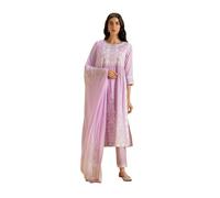 Kaari Women's Chikankari Kurta Set with Dupatta -Fit & Flare Fit | Chiffon Dupatta with Embroidered Band | Straight Pant with Side Pocket | Kurta Set For Women