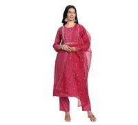 Kaari Women's Hand Embroidered Kurta Set with Dupatta - Straight Fit | Silk Blend Fabric with Dabka Work | Sequin Work Organza Dupatta | Straight Pant with Side Pocket | Kurta Set For Women