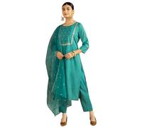 Kaari Women's Hand Embroidered Kurta Set with Dupatta - Straight Fit | Silk Blend Fabric with Dabka Work | Sequin Work Organza Dupatta | Straight Pant with Side Pocket | Kurta Set For Women