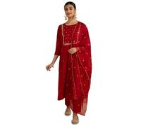 Kaari Women's Hand Embroidered Kurta Set with Dupatta - Straight Fit | Silk Blend Fabric with Dabka Work | Sequin Work Organza Dupatta | Straight Pant with Side Pocket | Kurta Set For Women