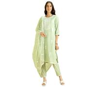 Kaari Women's Solid Color Kurta Set with Dupatta - Straight Fit | Silk Blend Fabric | Placement Embroidery on Neck | Organza Dupatta with Booti Work | Straight Pant with Side Pocket & Hem Embroidery
