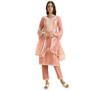 Kaari Women's Solid Color Kurta Set with Dupatta - Straight Fit | Silk Blend Fabric | Placement Embroidery on Neck | Organza Dupatta with Booti Work | Straight Pant with Side Pocket & Hem Embroidery