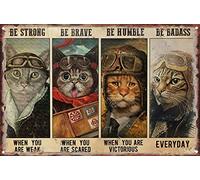 KAARIRI Be Strong When You Are Weak Be Brave When You Are Scared Be Awesome Everyday Cat Pilot Vintage Retro Metal Tin Sign Plaque Poster Wall Decor Art Shabby Chic Gift Mural Iron 8x12 Inch