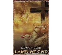 KAARIRI Believe In God - Lion And Lamb Vintage Retro Metal Tin Sign Plaque Poster Wall Decor Art Shabby Chic Gift Mural Iron 12x8 Inch