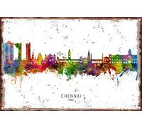 KAARIRI Chennai Skyline India Vintage Retro Metal Tin Sign Plaque Poster Wall Decor Art Shabby Chic Gift Mural Iron 8x12 Inch