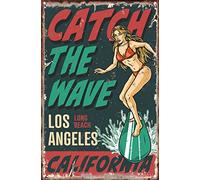 KAARIRI Surfing Girl California Vintage Retro Metal Tin Sign Plaque Poster Wall Decor Art Shabby Chic Gift Mural Iron 8x12 Inch