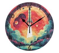 KAAVIYO Red Space Rocket Planets Stars Round Wall Clock Circular Plate Silent Non Ticking Clocks for Kitchen Home Office School Decor Kid Boys Girls