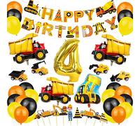 KABAHTOY 4th Birthday Decorations for Boy, Construction Party Supplies, Digger Banner, Dump Truck and Digger Balloons, Cake Toppers, Orange Black Yellow Latex Balloons, Excavator Truck Bulldozer Crane
