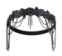 KABAKE 1920s Flapper Headpiece Roaring Retro Tassel Forehead Chain Rhinestone Headband Gatsby Headband Chain for Women Hair Accessory (Black, One Size)