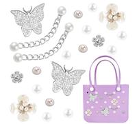 KABAKE Charms for Bogg Bag, Butterfly Flowers Pearls and Bling Chain Set for Rubber Tote Bag Compatible with Simply Southern Beach Bag Tote Insert for Beach Tote Bag (Color #4)