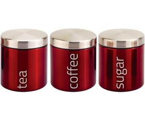 Kabalo Metallic Red Set of 3 Tea Coffee & Sugar Canisters Kitchen Storage Containers Jars Pots (10cm x 12cm each)