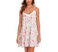 Kabento Nightgowns for Women Sexy Lace Sleepwear V Neck Short Night Gowns Sleeveless Chemise Nighty, White Pink Floral, S