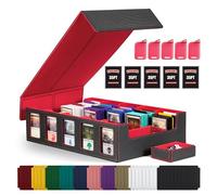 Kabinka Trading Card Storage Box with Commander Display, 5-Row Deck Case with Removable Lid; 3900+ Card Deck Box for MTG TCG Sports Card, 5 Toploaders, 5 Stoppers, 48 Dividers,1 Dice Tray (Black Red)