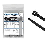 Kable Kontrol Black Cable Ties, 100 mm x 2.5 mm, Pack of 100, 4" Premium Nylon Zip Ties, Multi-Purpose Plastic Tie Wraps, Secure Self-Locking Mechanism, for Home, Garden, Office and DIY