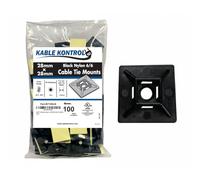 Kable Kontrol Black Zip Tie Bases, 28 mm x 28 mm, Pack of 100 Cable Tie Adhesive Mounts Self Adhesive Mounts Multi-Purpose Zip Ties Bases, Cable Holder Sticky Pads - Black