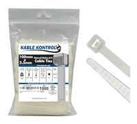 Kable Kontrol Natural White Cable Ties, 100 mm x 2.5 mm, Pack of 1000, 4" Premium Nylon Zip Ties, Multi-Purpose Plastic Tie Wraps, Secure Self-Locking Mechanism, for Home, Garden, Office and DIY