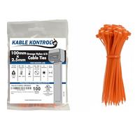Kable Kontrol Orange Cable Ties, 100 mm x 2.5 mm, Pack of 100, 4" Premium Nylon Zip Ties, Multi-Purpose Plastic Tie Wraps, Secure Self-Locking Mechanism, for Home, Garden, Office and DIY