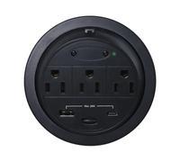 Kable Kontrol PowerTap Desktop Power Grommet, 3 AC Outlets, 1 USB-A, 1 USB-C, Heavy Duty Power Cord 8ft Long Black Durable ABS Plastic