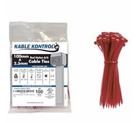 Kable Kontrol Red Cable Ties, 100 mm x 2.5 mm, Pack of 100, 4" Premium Nylon Zip Ties, Multi-Purpose Plastic Tie Wraps, Secure Self-Locking Mechanism, for Home, Garden, Office and DIY