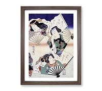 Kabuki Actors With Fans By Toyohara Kunichika Asian Japanese Framed Wall Art Print, Ready to Hang Picture for Living Room Bedroom Home Office Décor, Walnut A2 (64 x 46 cm)