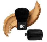 Kabuki style makeup brush with travel pouch | Short handle for control, dome head for a seamless blend. For loose mineral powder, bronzer, blusher & setting powder.