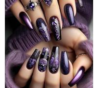 Kabwea 24-Piece Purple Rose Nail Art, Press on Nails, Stick-On Nails, False Nails (Jelly Adhesive + Buffing Strips)