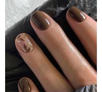 Kabwea 24 Pieces Dark Brown Press-On Nails, Short Square Artificial Nails with Golden Leaf Accents and Glitter Designs, Fake Nails, Press On Nail, Stick-On Nail
