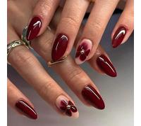 Kabwea 24 Pieces Red Almond Blossom Nail Art, Press on Nails, Stick on Nails, Fake Nails